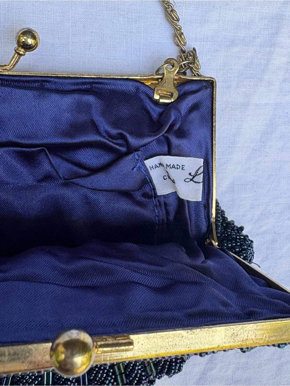 Vintage La Regale Navy Beaded Shell Clutch with Gold Chain